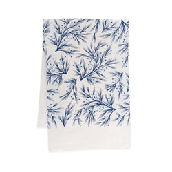 A single 100% cotton flour sack towel with an illustration of blue winter branches