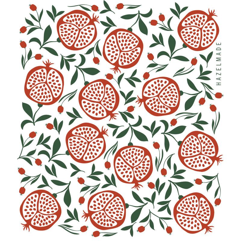 Digital rendering of tea towel with an illustration of pomegranates