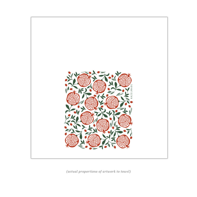Digital rendering of tea towel with an illustration of pomegranates
