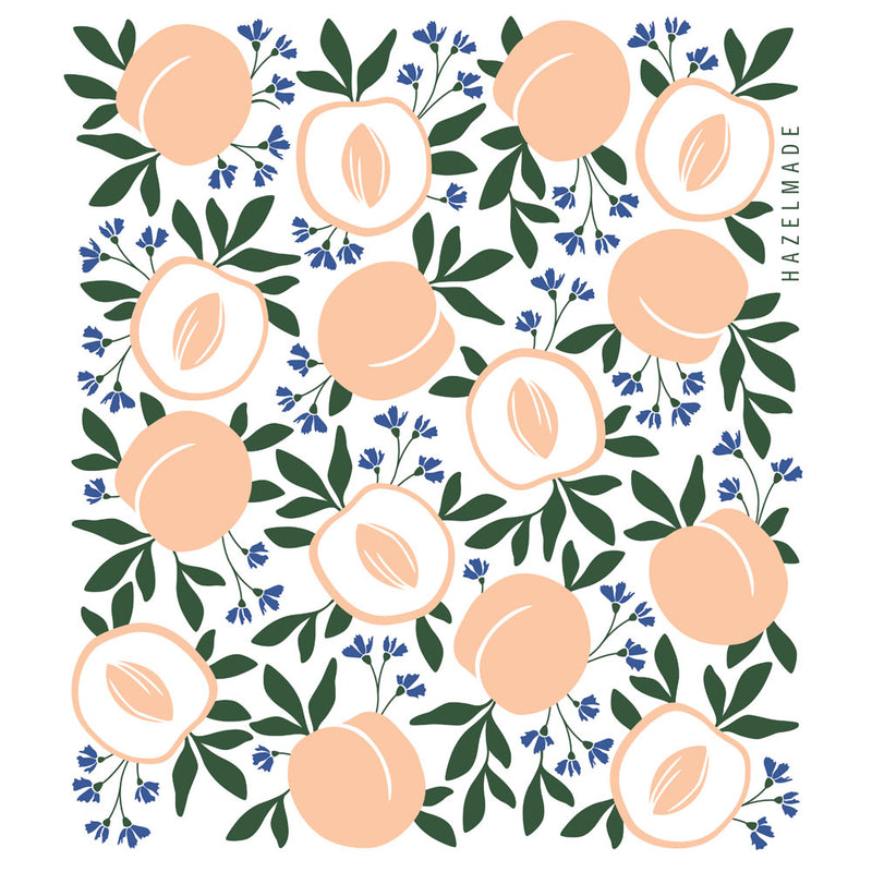 Digital rendering of tea towel with an illustration of peaches
