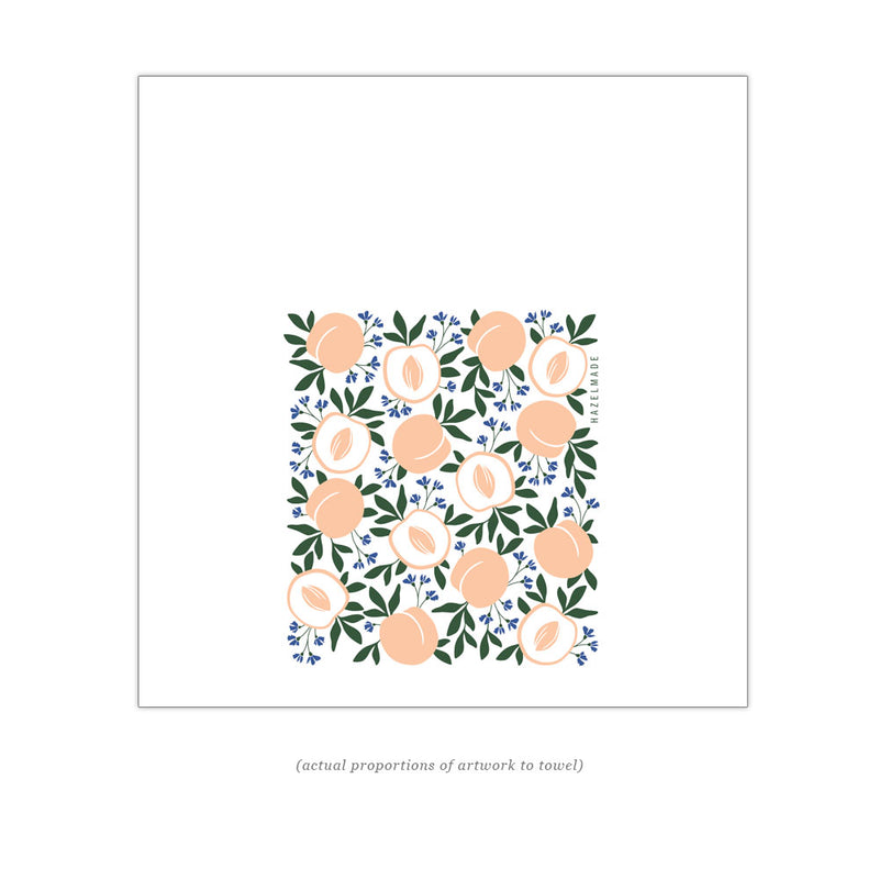 Digital rendering of tea towel with an illustration of peaches