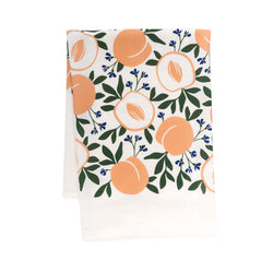 A single 100% cotton flour sack towel with an illustration of peaches
