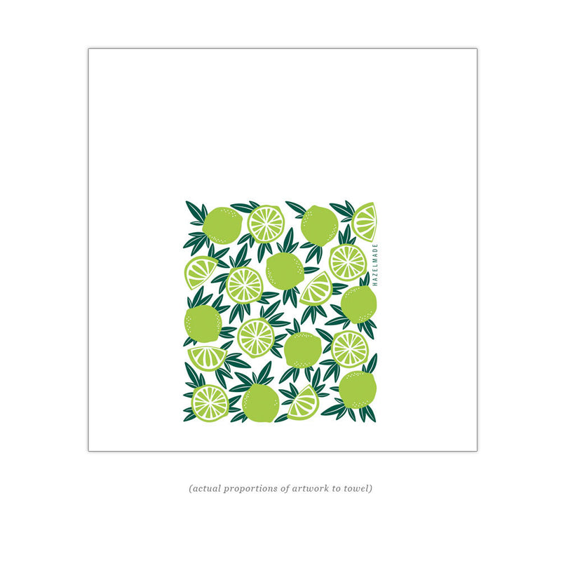 Digital rendering of tea towel with an illustration of limes