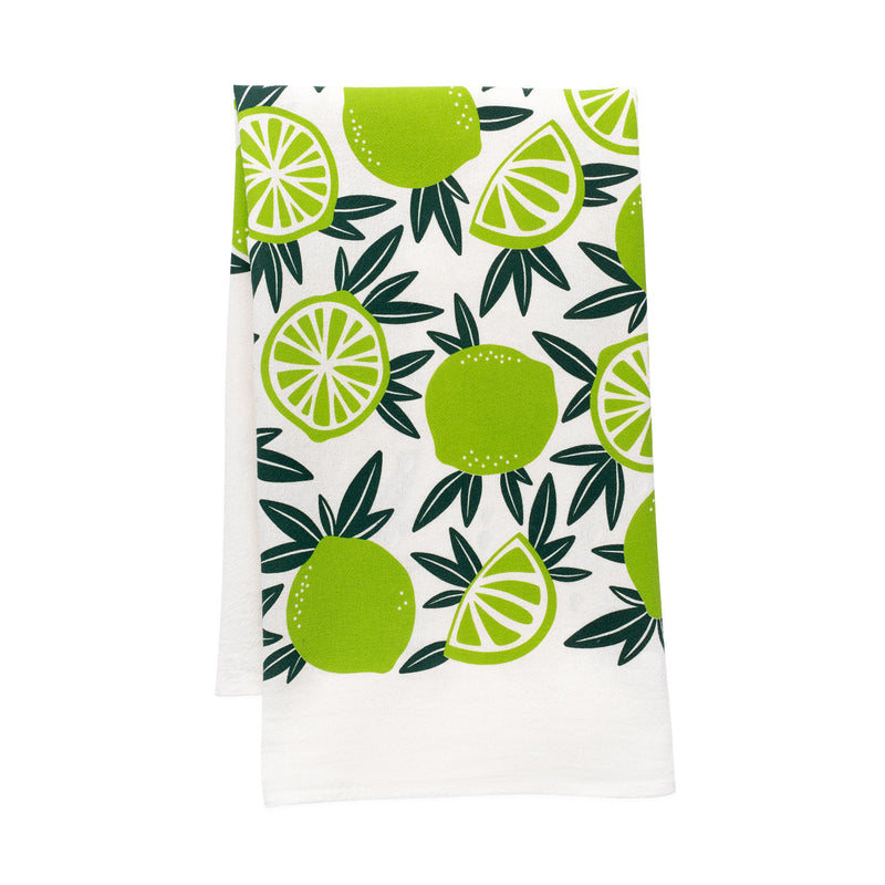 A single 100% cotton flour sack towel with an illustration of limes