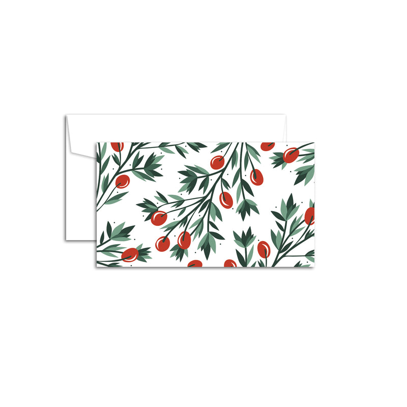 Set of 10 flat mini note cards with envelopes and an illustrated pattern of red holly berries and green leaves.