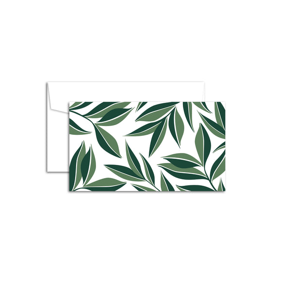 Set of 10 flat mini note cards with envelopes and an illustrated pattern of dark green leaves.