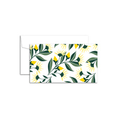 Set of 10 flat mini note cards with envelopes and an illustrated pattern of yellow aster flowers and green leaves.