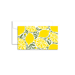 Set of 10 flat mini note cards with envelopes and an illustrated pattern of whole and open/sliced lemons in an alternation pattern with green leaves in between the lemons.