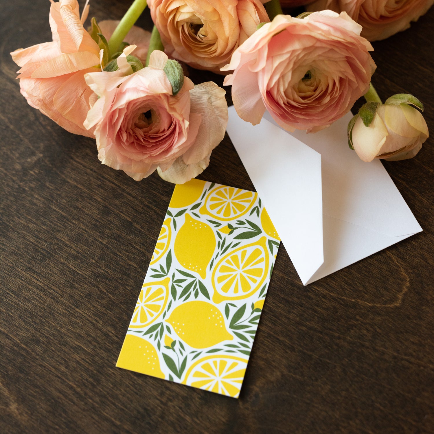 Lemons Mini Note Card styled with white envelope and roses on a dark tabletop