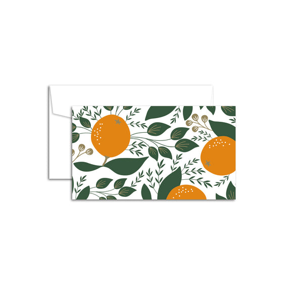Set of 10 flat mini note cards with envelopes and an illustrated pattern of winter citrus oranges and green leaves.