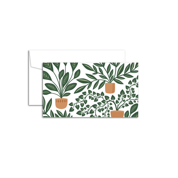 Set of 10 flat mini note cards with envelopes and an illustrated pattern of green houseplants in tan pots.