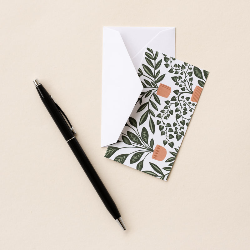 Set of 10 flat mini note cards with envelopes and an illustrated pattern of green houseplants in tan pots.