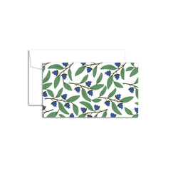 Set of 10 flat mini note cards with envelopes and an illustrated pattern of dark blue blueberries and green leaves.