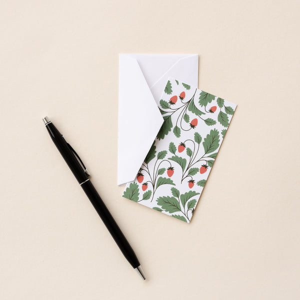 Set of 10 flat mini note cards with envelopes and an illustrated pattern of red strawberries and green leaves.