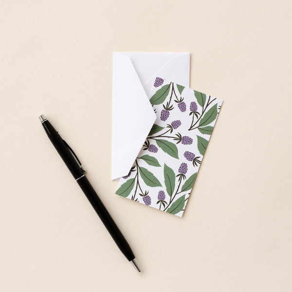 Set of 10 flat mini note cards with envelopes and an illustrated pattern of blackberries and green leaves.