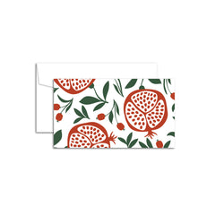 Set of 10 flat mini note cards with envelopes and an illustrated pattern of pomegranates with visible seeds and green leaves.