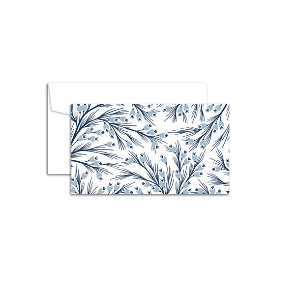 Set of 10 flat mini note cards with envelopes and an illustrated pattern of dark blue winter branches and lighter blue buds/berries.
