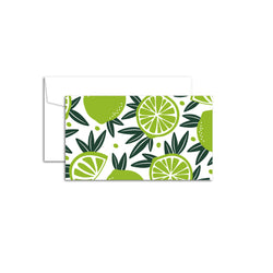 Set of 10 flat mini note cards with envelopes and an illustrated pattern of whole limes and sliced limes in an alternating pattern.