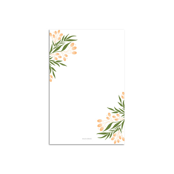 A single 5.5” by 8.5” large notepad with 50 tear-off sheets and an illustration of tuscan florals.