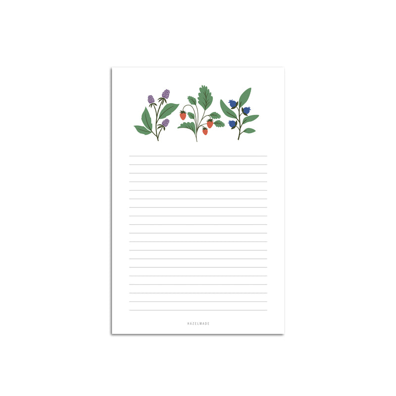 A single 5.5” by 8.5” large notepad with 50 tear-off sheets and an illustration of blackberries, strawberries, and blueberries.