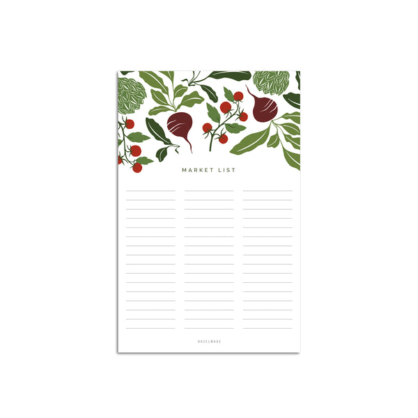 A single 5.5” by 8.5” large notepad with 50 tear-off sheets, an illustration of vegetables, and text that reads "Market List".