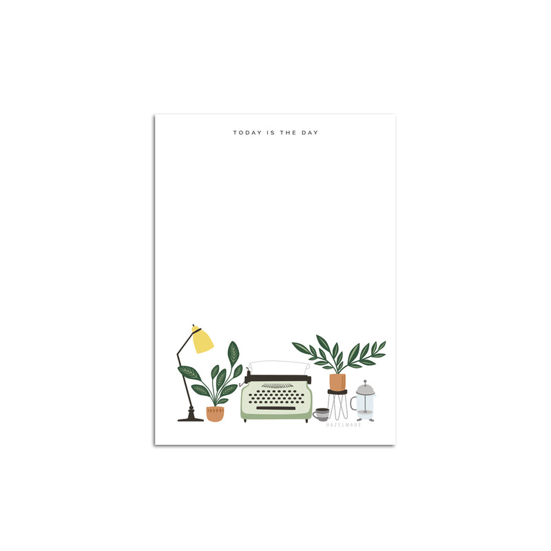 A single 4” by 5.5” small notepad with 50 tear-off sheets and an illustration of various desks items such as a lamp, plants, typewriter, and etc. at the bottom of the notepad. At the top of the notepad is text that reads "Today Is The Day".