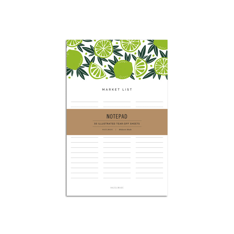 A single 5.5” by 8.5” large notepad with 50 tear-off sheets, an illustration of limes, and text that reads "Market List".