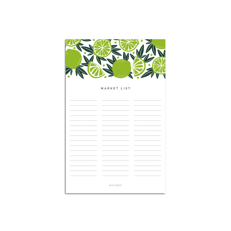 A single 5.5” by 8.5” large notepad with 50 tear-off sheets, an illustration of limes, and text that reads "Market List".