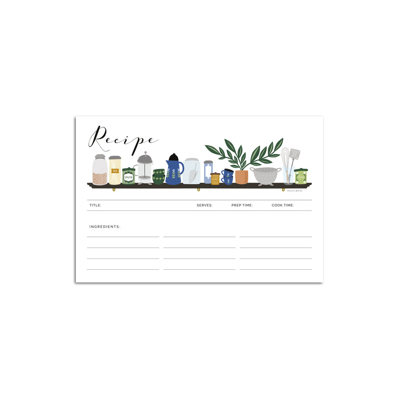 Set of 15 flat 4” by 6” recipe cards that have spaces for a recipe title, serving size, prep time, cook time, ingredients and directions with illustration details of a shelf with common kitchen items on it.