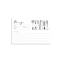 Set of 15 flat 4” by 6” recipe cards that have spaces for a recipe title, serving size, prep time, cook time, ingredients and directions with illustration details of various kitchen utensils.