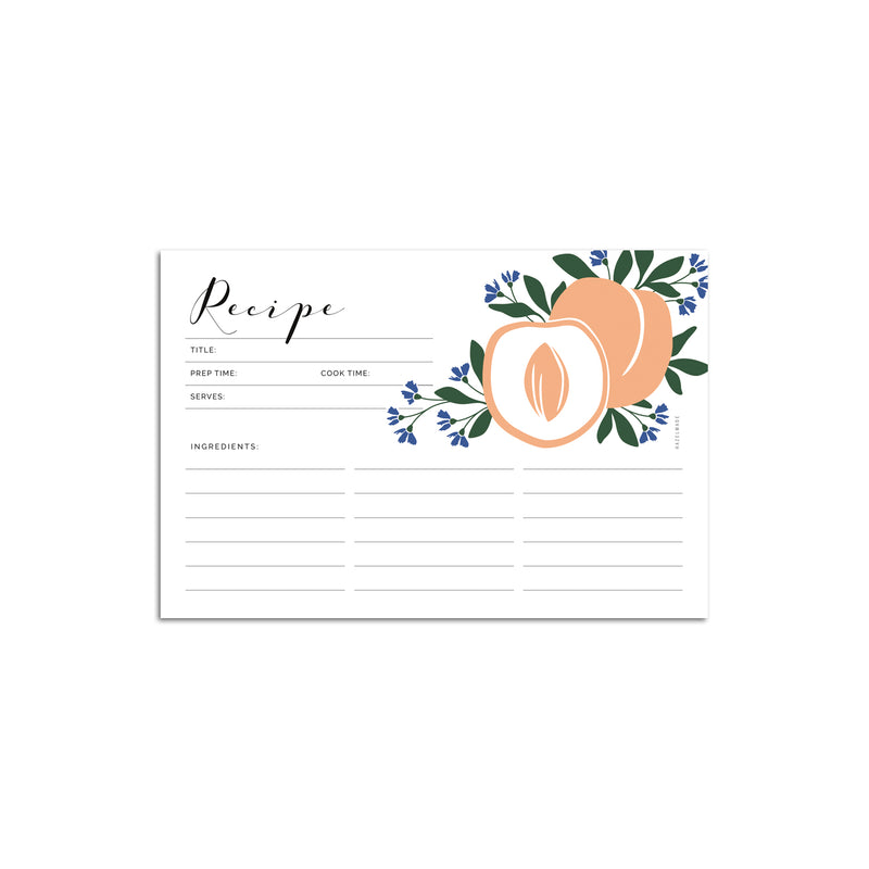 Set of 15 flat 4” by 6” recipe cards that have spaces for a recipe title, serving size, prep time, cook time, ingredients and directions with illustration details of peaches.