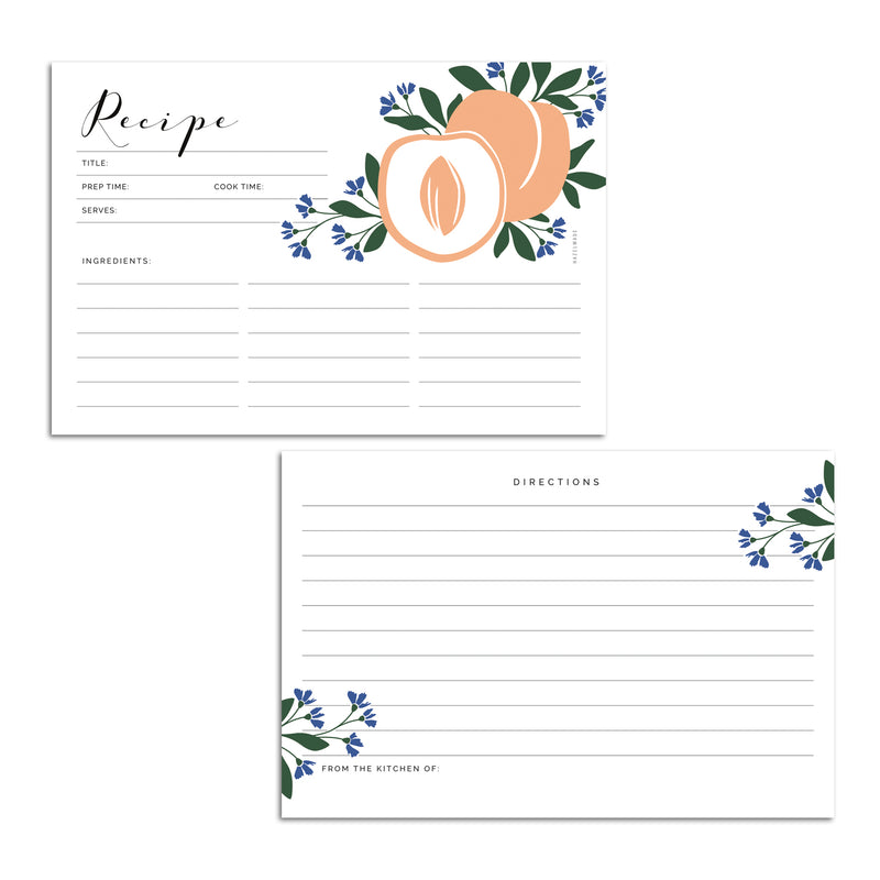 Set of 15 flat 4” by 6” recipe cards that have spaces for a recipe title, serving size, prep time, cook time, ingredients and directions with illustration details of peaches.