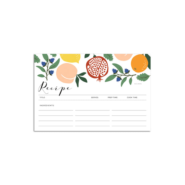 Set of 15 flat 4” by 6” recipe cards that have spaces for a recipe title, serving size, prep time, cook time, ingredients and directions with illustration details of peaches, pomegranates, oranges, blueberries, and lemons.