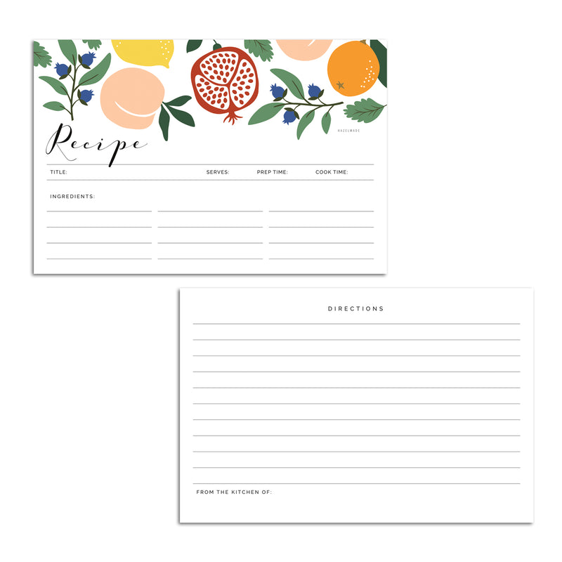Set of 15 flat 4” by 6” recipe cards that have spaces for a recipe title, serving size, prep time, cook time, ingredients and directions with illustration details of peaches, pomegranates, oranges, blueberries, and lemons.