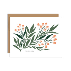 Single folded A2 greeting card with an envelope with an illustration of a green branch with leaves and orange seeds. Text below the branch states "Thank You".
