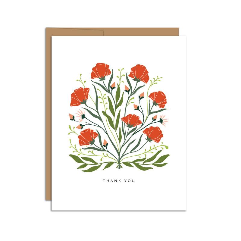 Single folded A2 greeting card with an envelope with an illustration of red poppies and green leaves in the center of the card. Below is text that states "Thank You".