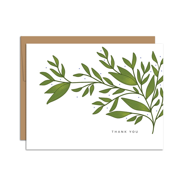 Single folded A2 greeting card with an envelope with an illustration of a green branch on the right side of the card and sprouting out towards the left. Below the branch is text that states "Thank You".