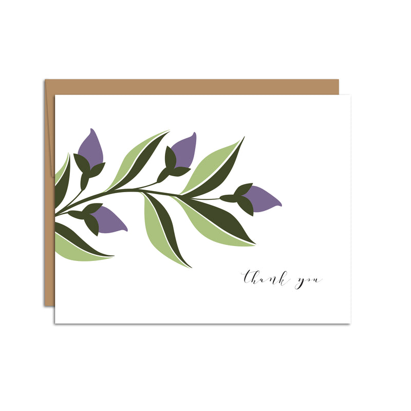 Single folded A2 greeting card with an envelope with an illustration of purple ivy and green leaves sprouting from the left side of the card. In the bottom right is text in cursive that states "Thank You".