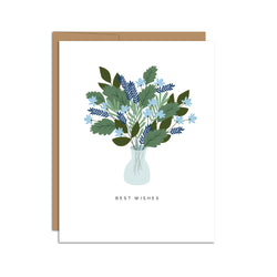 Single folded A2 greeting card with an envelope with an illustration of a blue vase with blue flowers and green leaves in it. Directly below the vase is text that states "Best Wishes".